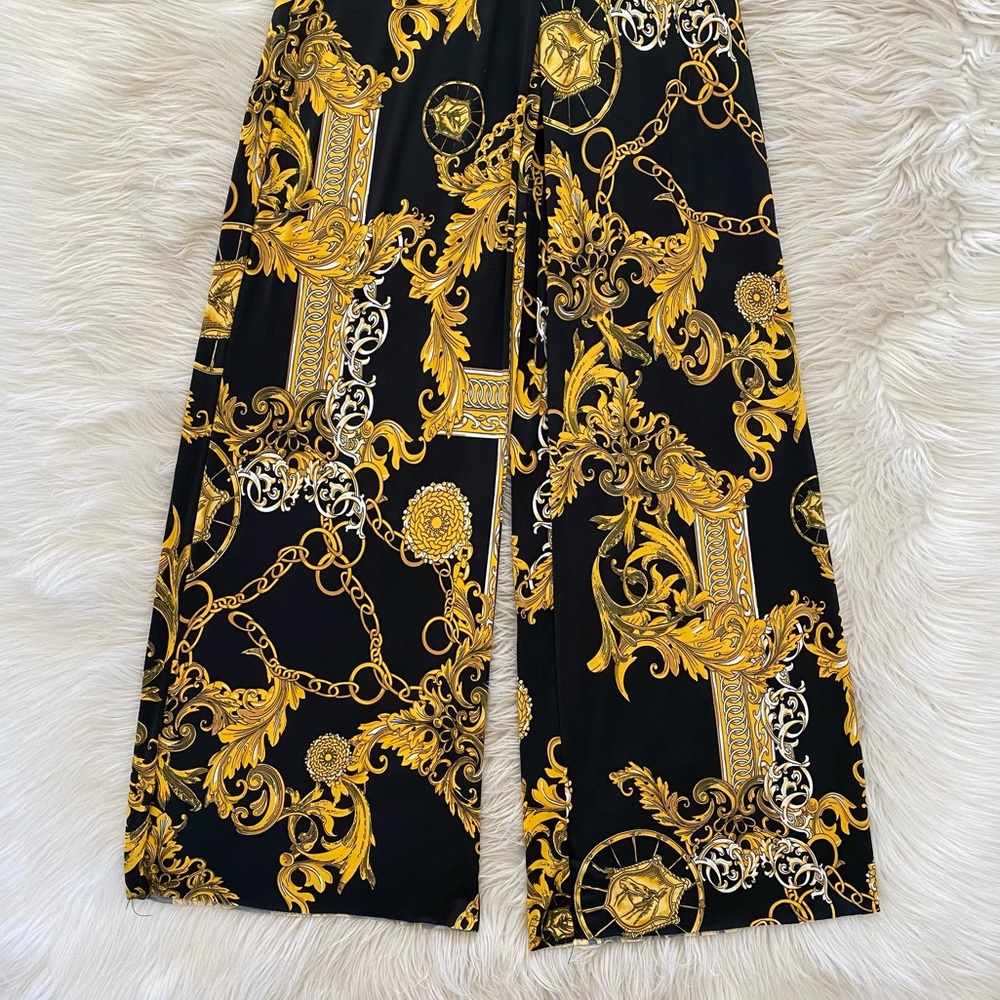Fashion Nova Black Yellow Gold Chain Print Wide Leg High Status Jumpsuit Gaudy - Picture 4 of 14